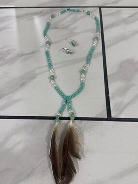 Turquoise Beaded Feather Necklace Set